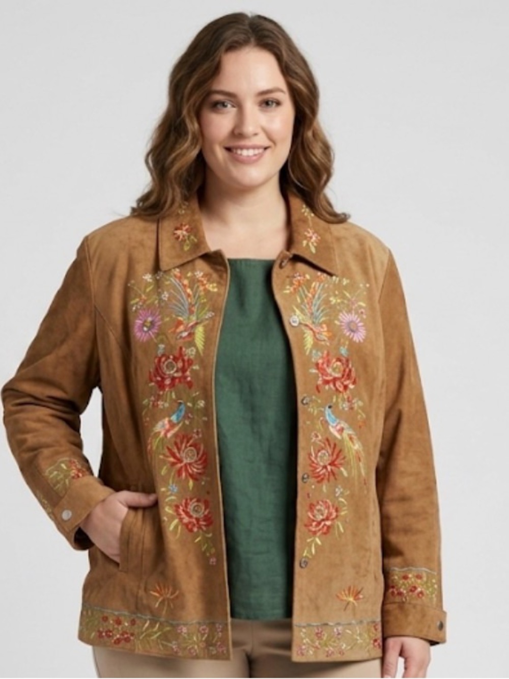 Avanti New York Embroidered Suede Jacket Birds Flowers Brown XL(C64)